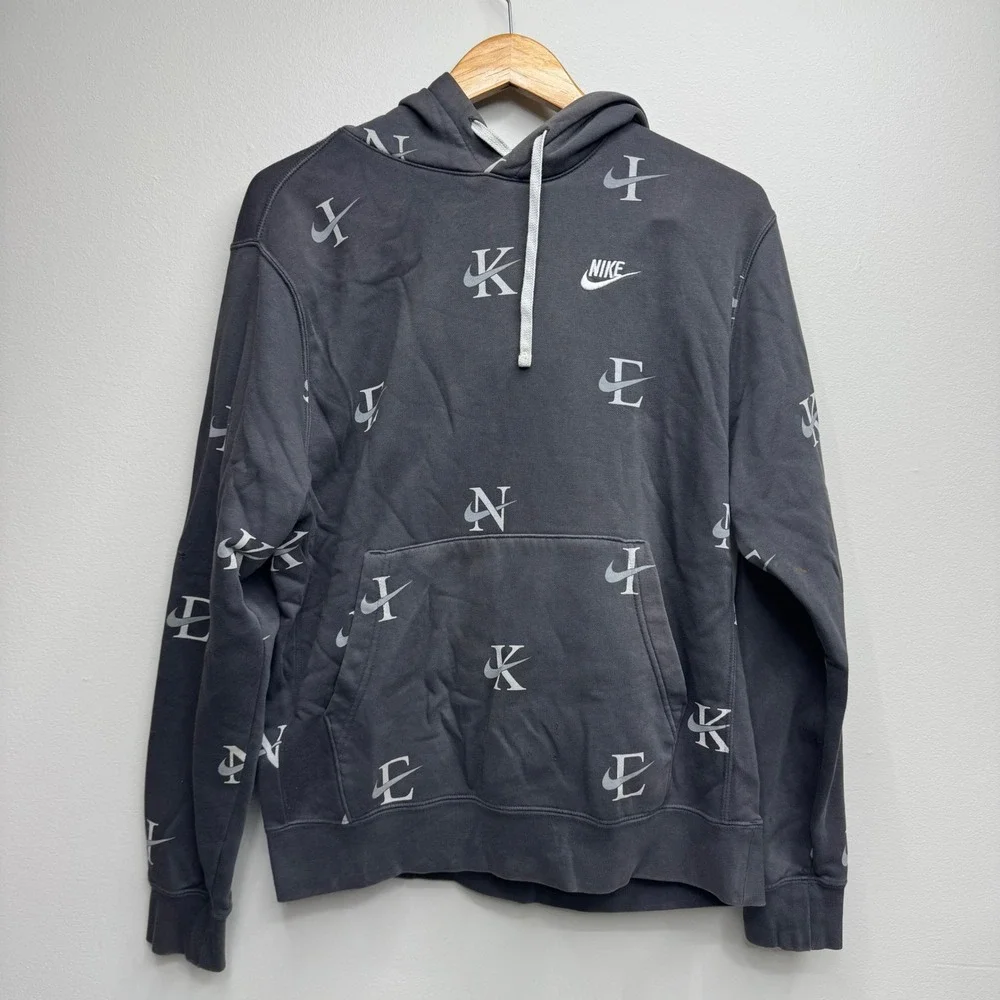 Nike Mens All Over Print Logo Swoosh Pullover Hoodie Dark Gray Medium
